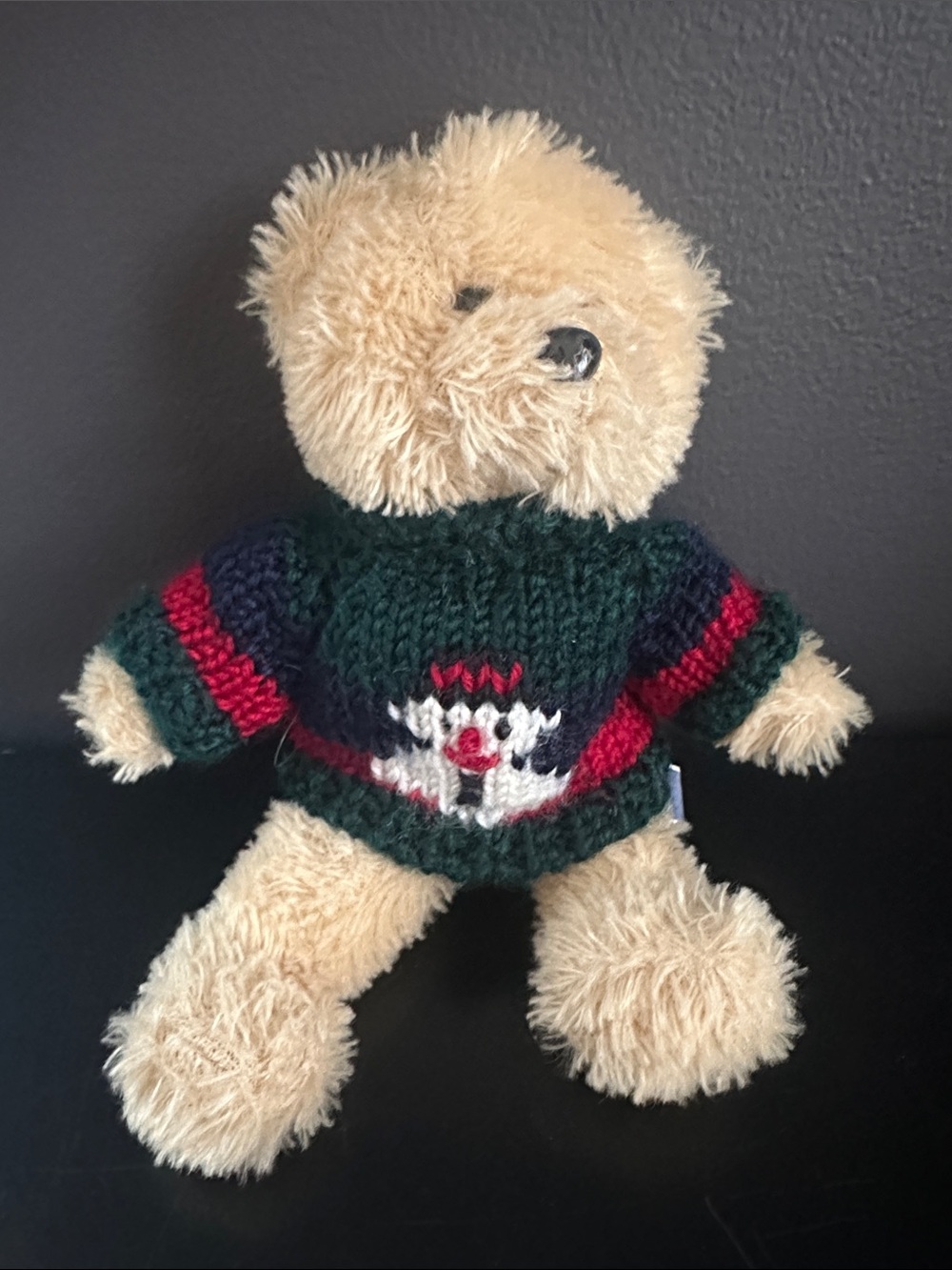 Forever Collectibles Teddy Bear in Green & Red Knit Sweater snowman
